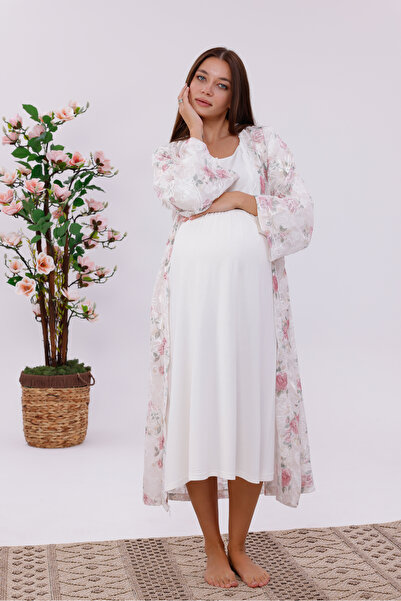 BLACKMORE Women's Ecru Floral Lace Cotton Full Length Maternity Nightgown-Dressing Gown Set of 2