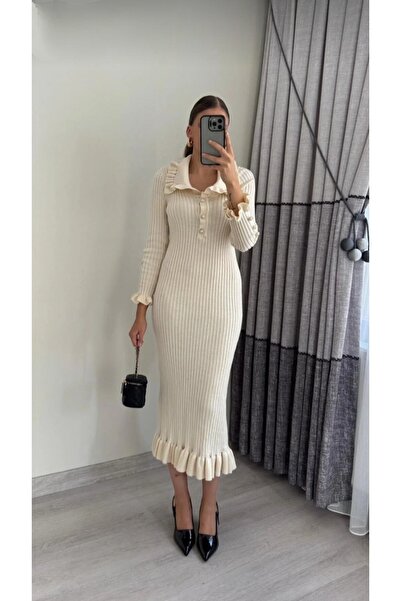 DAMGA Collection Princess collar buttoned ruffled knit dress for women