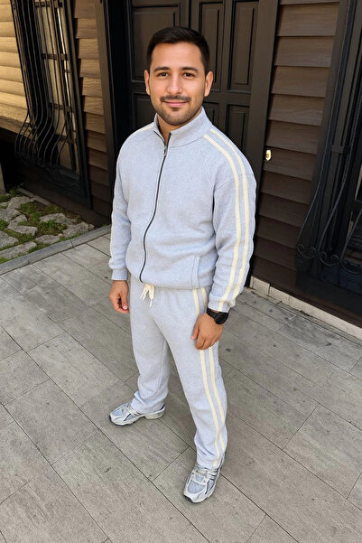 TONASSTORE Men's Double Stripe Tracksuit Set Mock Neck Zippered Sweatshirt Tube Leg Bottom, Oversized 3 Thread Cotton