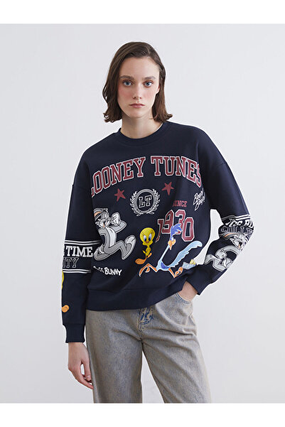 LC Waikiki سترة نسائية سميكة باللون الأزرق الداكن من Looney Tunes مطبوع