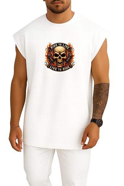 Bahriyeli Collection Oversized Ride to Live Live to Ride Chest Printed Tank Top