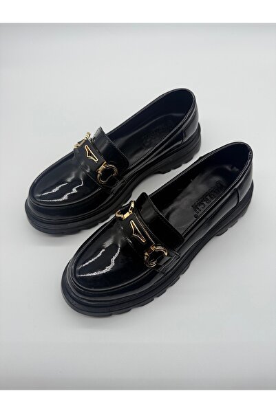 BURCU COLLECTİON Mabel Black Leather Loafer with Thick Sole and Gold Buckle Detail