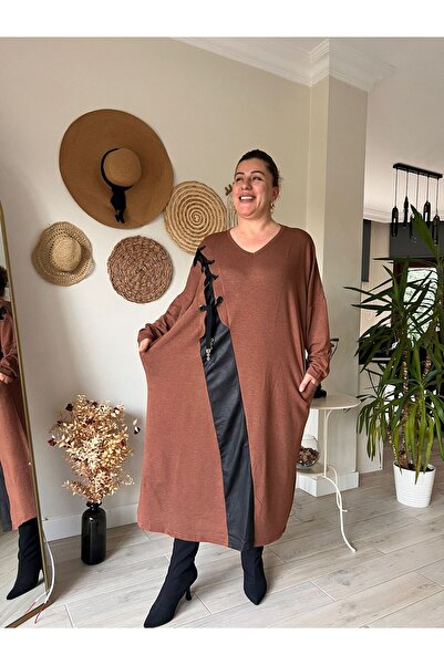 MJORA Strawberry Fabric Leather Detailed Oversized Comfortable Fit Dress