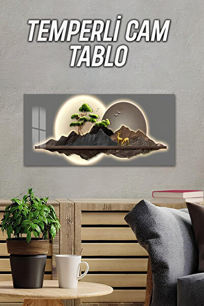 kutuTR 3d Görünümlü Temperli Cam Tablo – Dağ Ve Geyik Manzarası Uv Baskı 60×3...