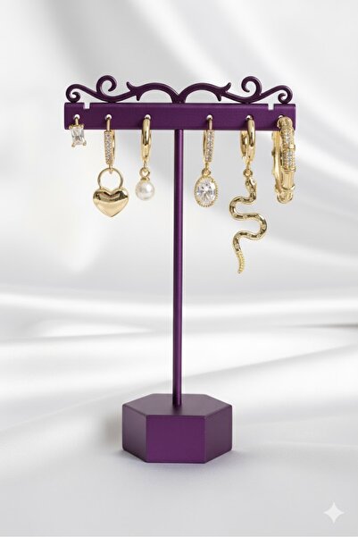 Dorvina Brass Women's Earring Set Gold Color Dangle Snake Model Zircon Stone Hoop Lock Heart Detail