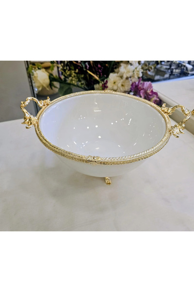 MaviDamla Cast Edge Frameded Footed Porcelain Bowl Gold 26 cm