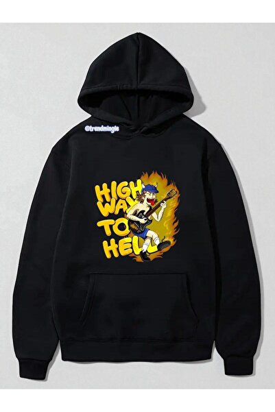 DEEFWEAR سويت شيرت أسود ACDC Angus Young مطبوع قصة فضفاضة للجنسين-Trendmingle