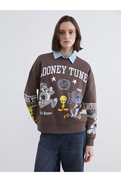 LC Waikiki سترة نسائية سميكة باللون البني من Looney Tunes مطبوع