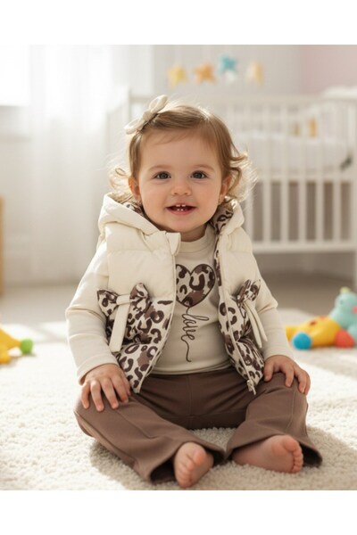 VOY KİDS Baby Girl Leopard Patterned Inflatable Vest Set , Flared with Leggin...