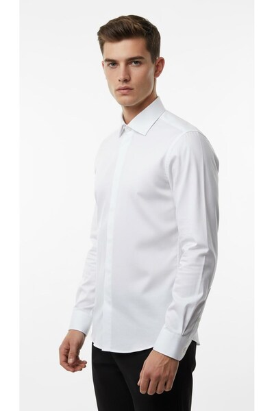 Plus Scorpion Ανδρικό πουκάμισο λευκό/μπλε εφαρμοστό – Plus Scorpion, Κομψός συνδυασμός για γραφείο και καθημερινή χρήση, χωρίς σιδερώματος