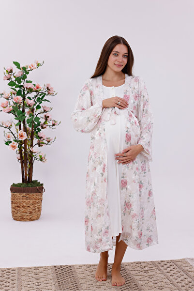 BLACKMORE Women's Ecru Floral Lace Cotton Full Length Maternity Nightgown-Dressing Gown Set of 2