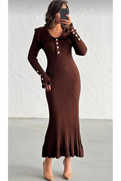 DAMGA Collection Women's Princess Collar Buttoned Ruffled Knitwear Dress