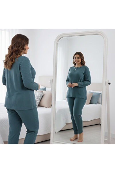 ALACURVE Kadın Büyük Beden Kışlık İnterlok Pijama Takımı – Uzun Kollu, Düğmeli Yaka, Petrol Mavisi