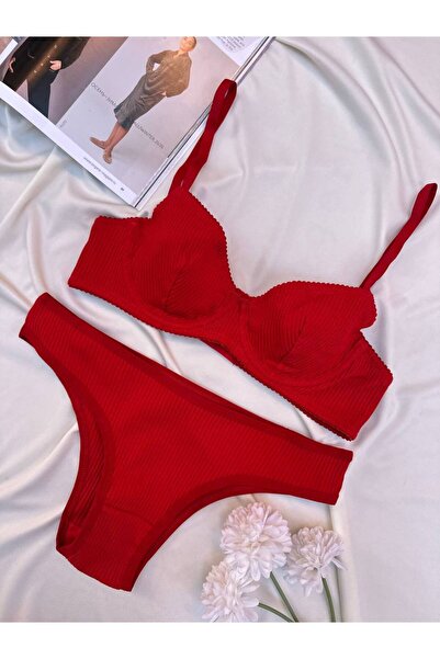 ARONA sütyen takım kırmızı ikili kaşkorse balenli