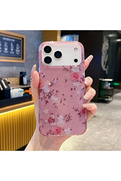 HYPERSOFT Iphone 14 Pro (6.1 inç) Uyumlu Simli Görünüm Flowers Desenli Şık Kılıf