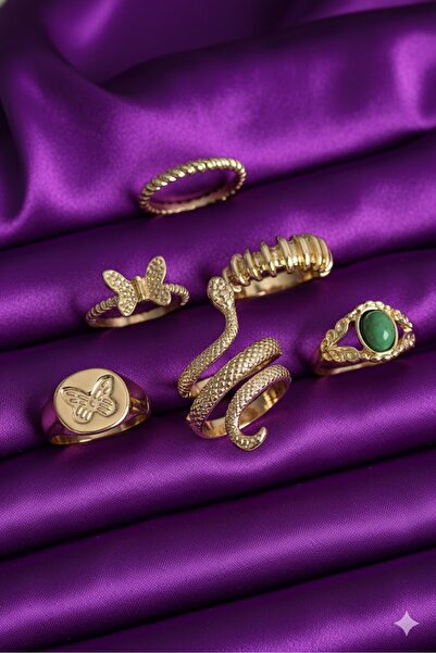 Dorvina Brass 6-Piece Women's Ring Set Gold Color Embroidered Snake Model Butterfly Detail |   Stylish and Durable Jewelry
