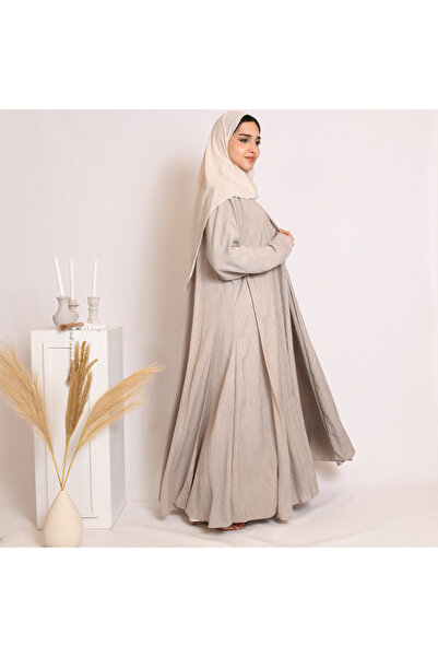 HAWRAA ABAYA Beige quarter-circle wrap abaya in striped fabric with matching dress