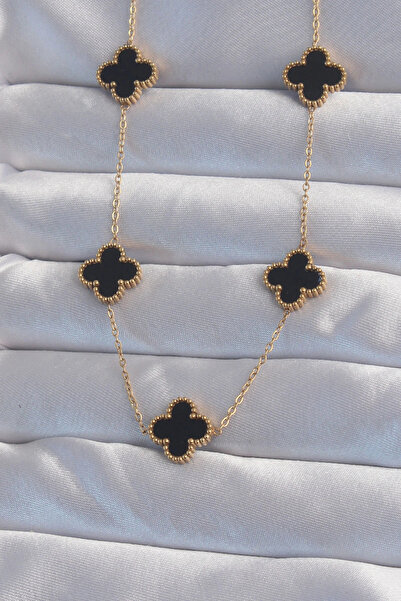 HarmonyAura 316L Steel Gold Color Black Enamel Clover Necklace