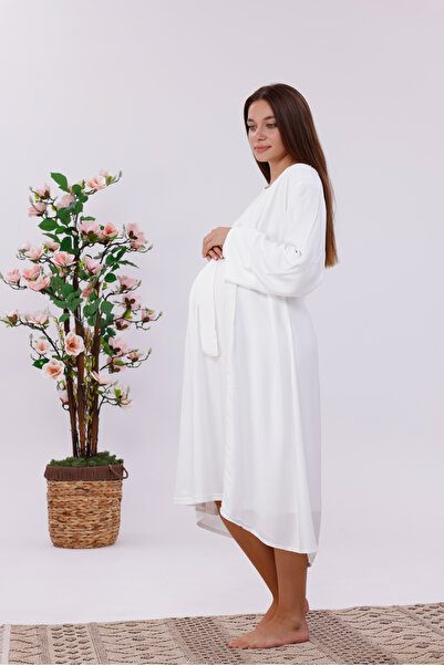 BLACKMORE Women's Ecru Striped Special Lace Design Cotton Full Length Maternity Nightgown-Dressing Gown Set of 2