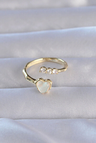 HarmonyAura Brass Gold Color Zircon Stone Pearlescent Heart Model Adjustable Ring