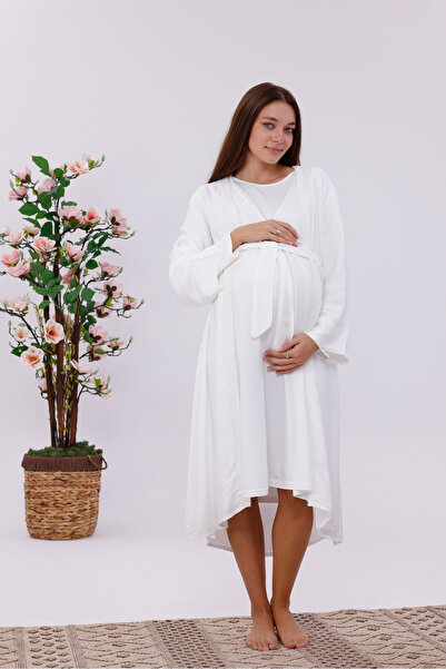 BLACKMORE Women's Ecru Striped Special Lace Design Cotton Full Length Maternity Nightgown-Dressing Gown Set of 2