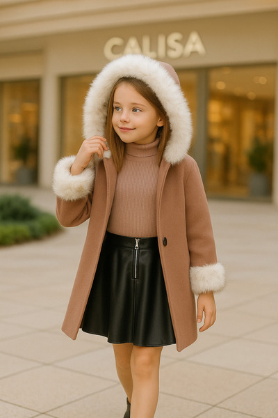 Calisa Girl's Hooded Plush Detail Coat Leather Skirt Plush Bag 4-Piece Combination – Stylish Winter Set