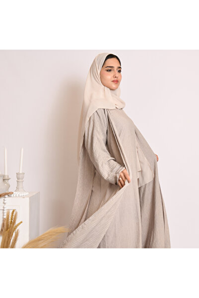HAWRAA ABAYA Beige quarter-circle wrap abaya in striped fabric with matching dress