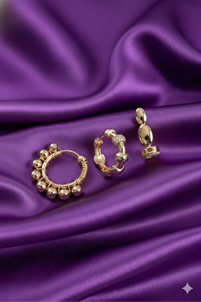 Dorvina Brass 3-Piece Women's Earrings with Zircon Stone Hoop Model Gold Color |   Stylish and Durable Jewelry, Accessory