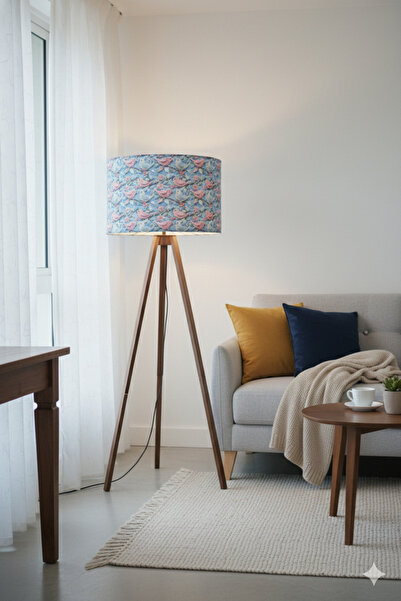 Otay Ev Dekorasyon Kuşlar Desenli Dijital Baskılı Kumaş Tripod Ayaklı Lambader