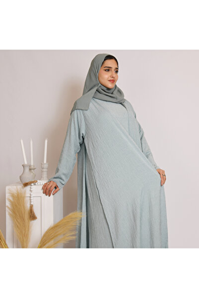 HAWRAA ABAYA Tiffany blue quarter-circle wrap abaya with striped fabric and matching dress