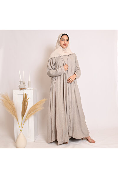 HAWRAA ABAYA Beige quarter-circle wrap abaya in striped fabric with matching dress