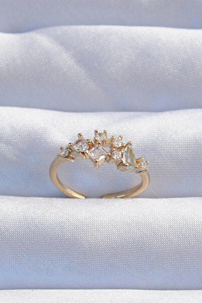 HarmonyAura Brass Gold Color Zircon Jewelled Drop Detail Adjustable Ring