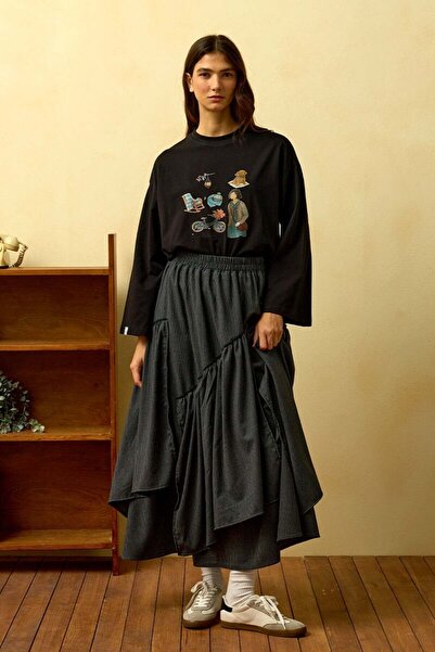 Ceylan Otantik Black Bicycle Printed Basic Body & Anthracite Striped Polyviscon Bohemian Skirt Floor Suit