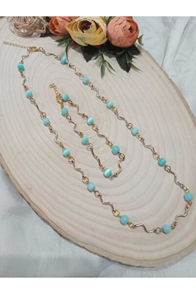 golden takış Blue Necklace and Bracelet Set with Cat Eye