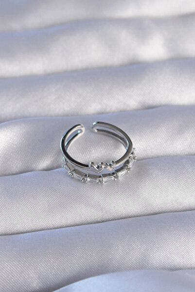 HarmonyAura Brass Silver Color Zircon Stone Heart 2-Piece Appearance Adjustable Ring