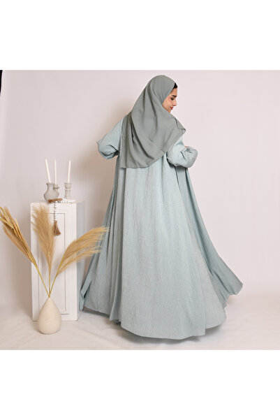 HAWRAA ABAYA Tiffany blue quarter-circle wrap abaya with striped fabric and matching dress