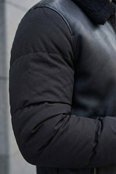 MOVENTO Men's Leather Coat with Puff Sleeve Detail