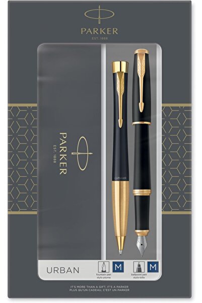 Parker Urban Duo Gift Set – Ballpoint & Rollerball, Matte Black with Gold Trim, Blue Refill