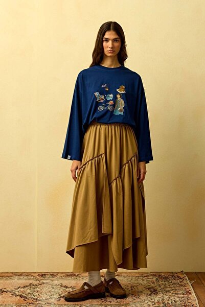 Ceylan Otantik Navy Blue Bicycle Printed Basic Body & Caramel Polyviscon Bohemian Floor Skirt Set