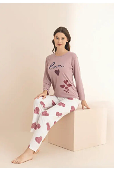 TOSKI Women's pink pajamas with long sleeves and long pants, "Love" print