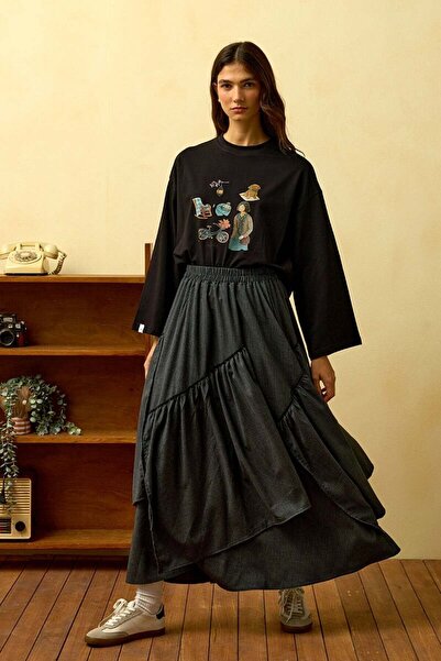 Ceylan Otantik Black Bicycle Printed Basic Body & Anthracite Striped Polyviscon Bohemian Skirt Floor Suit