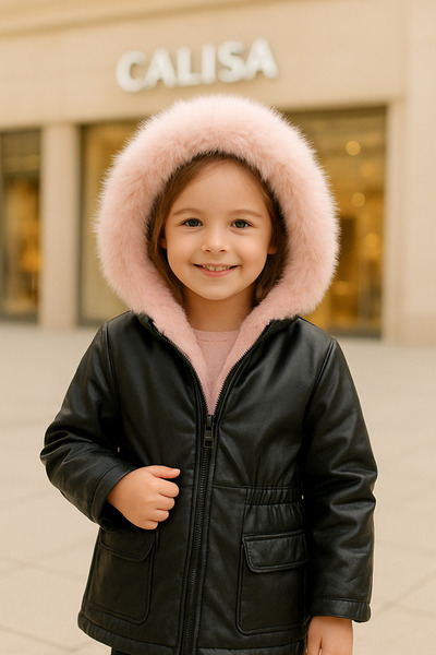 Calisa Girl's Leather Fur Winter Coat – Plush Lined, Hooded , Warm and Stylish Outerwear