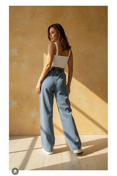 geenz manifacture Women's Lace-Up Elastic Waist Light Blue High Waist Wide Leg Loose, Loose Palazzo Jean Pants