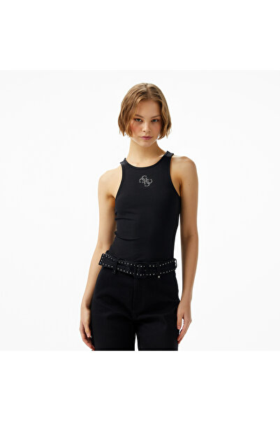 Guess New Round Kadın Siyah Kolsuz T-Shirt