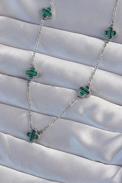 HarmonyAura 316L Steel Silver Color Minimal Green Enamel Clover Necklace