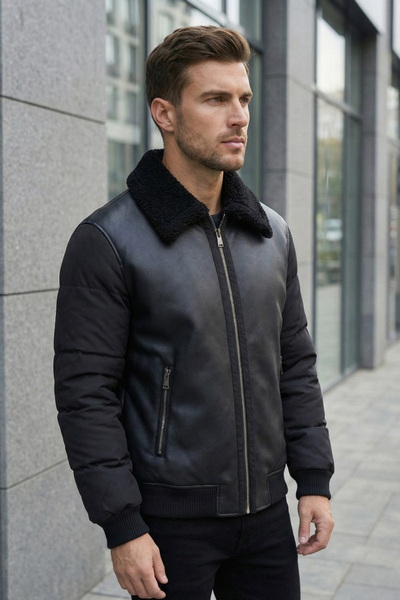 MOVENTO Men's Leather Coat with Puff Sleeve Detail