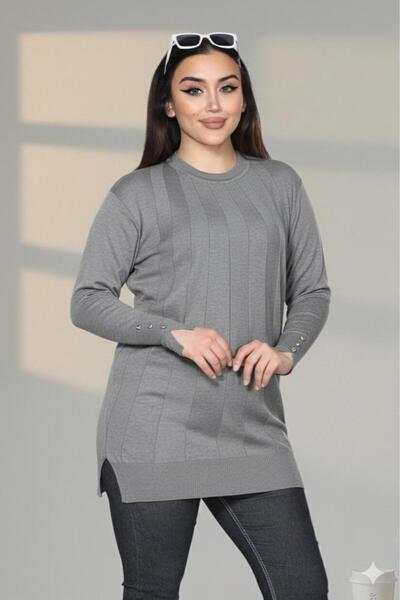 İmran Triko Button Detailed Round Neck Women's Knitwear Tunic Stretch Fabric Comfortable Fit