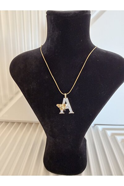 AKSESUARIM Zircon Stone, Gold Color, Bee Detail, Stylish Design Steel Letter Necklace