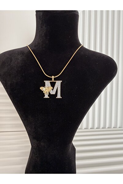 AKSESUARIM Zircon Stone, Gold Color, Bee Detail, Stylish Design Steel Letter Necklace