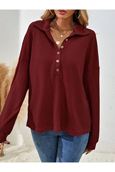 JANES Women's Long Sleeve Collared Buttoned Loose Waffle Blouse